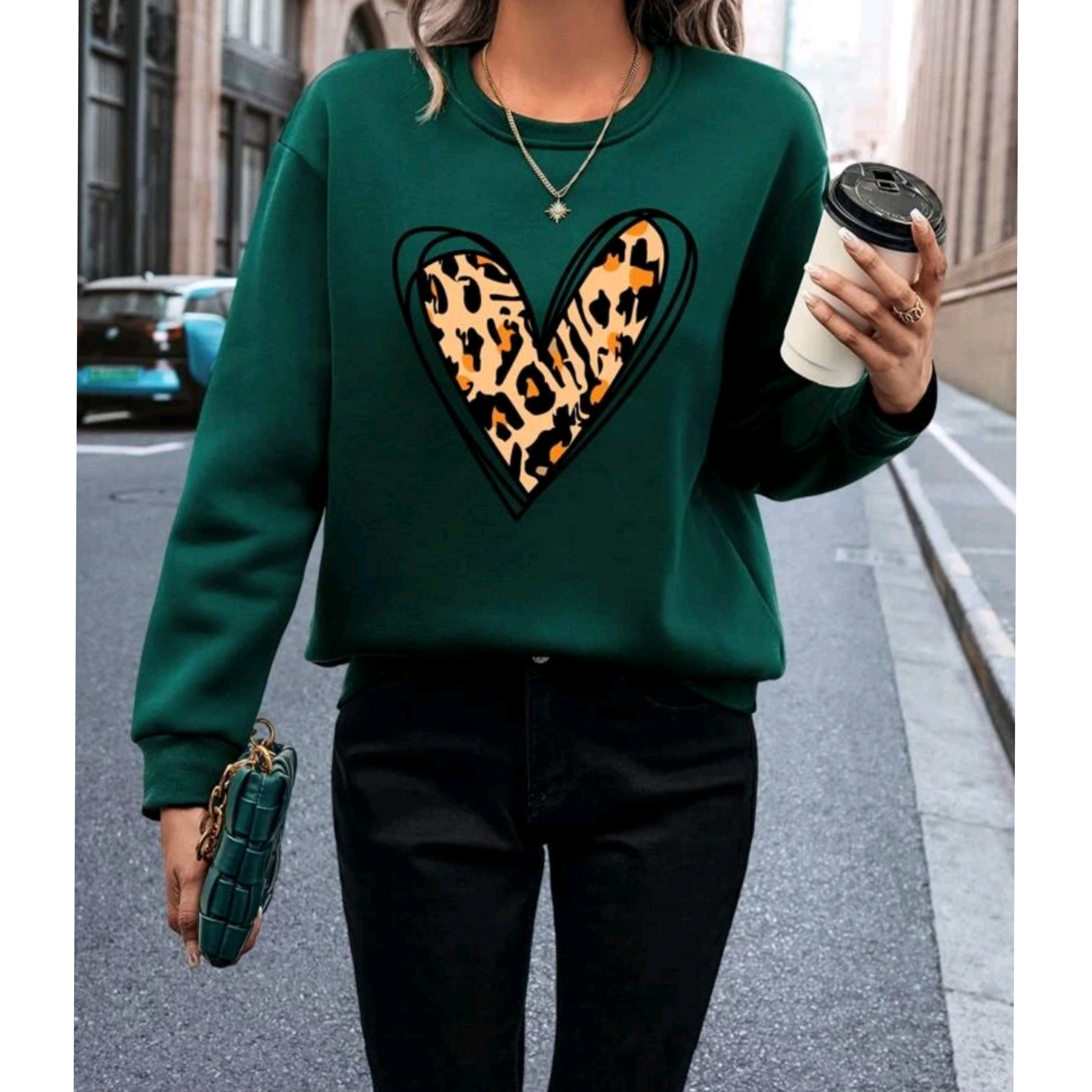 Heart And Leopard Print Thermal Lined Sweatshirt