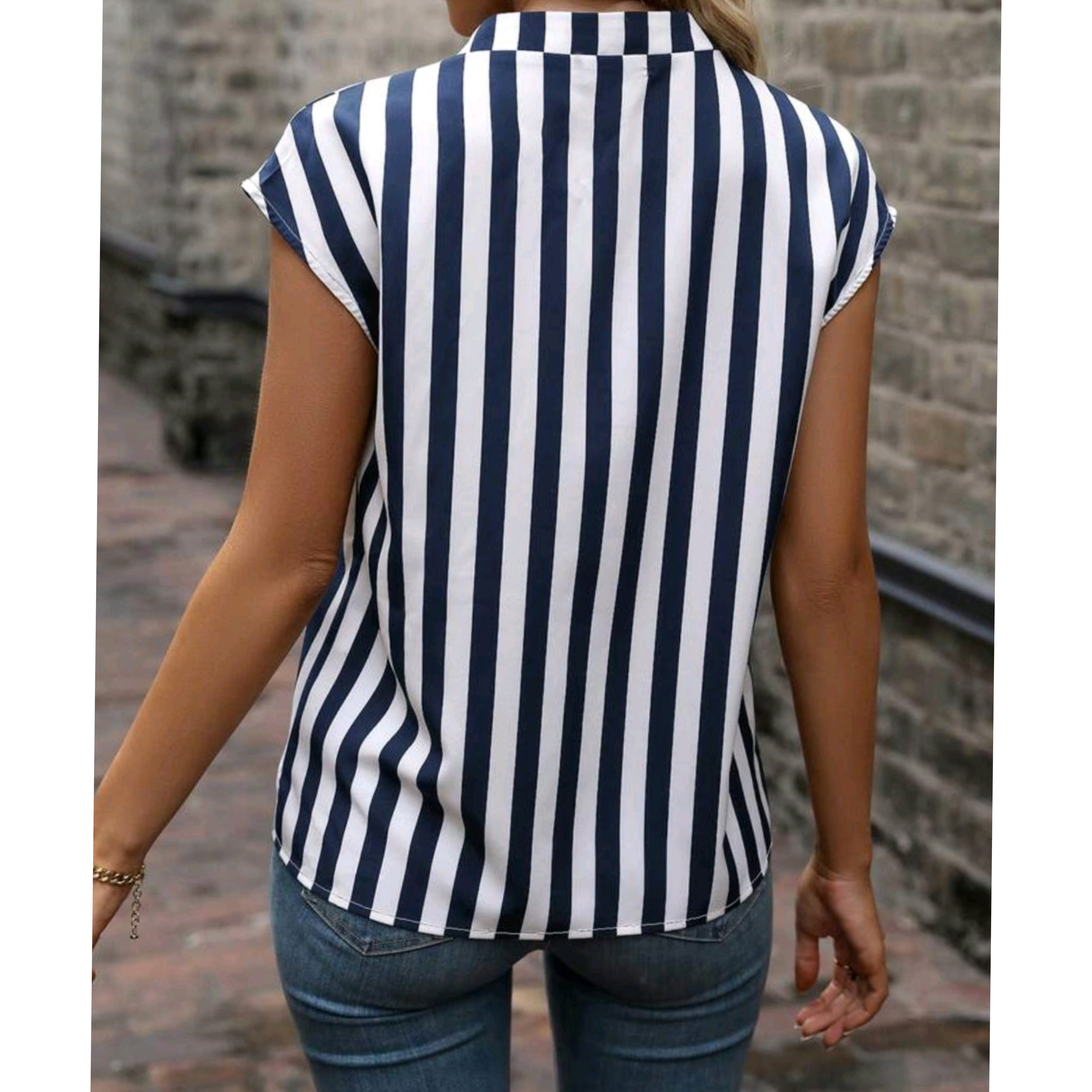 Striped Notched Neck Batwing Sleeve Blouse