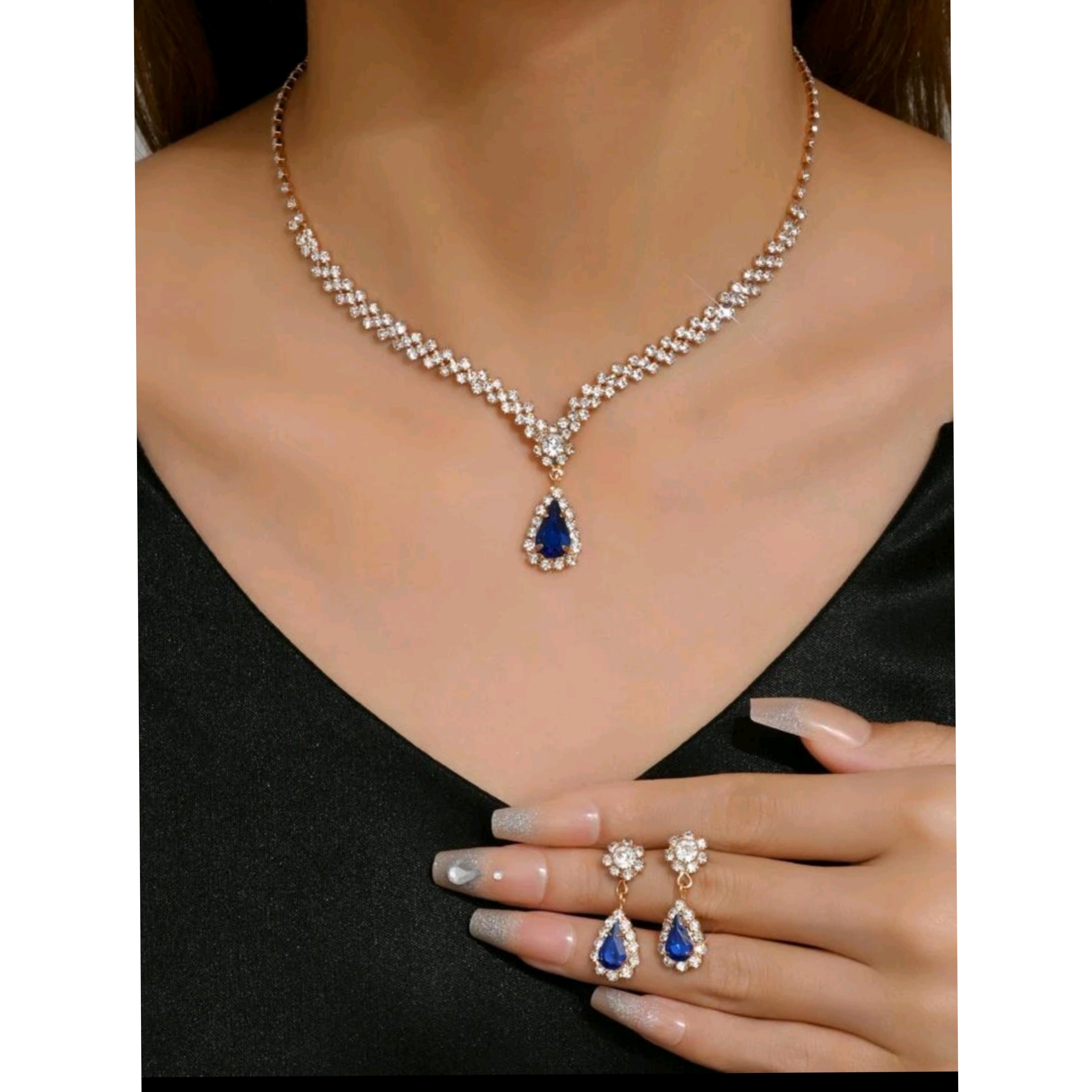 Rhinestone Water-drop Charm Necklace & Drop Earrings