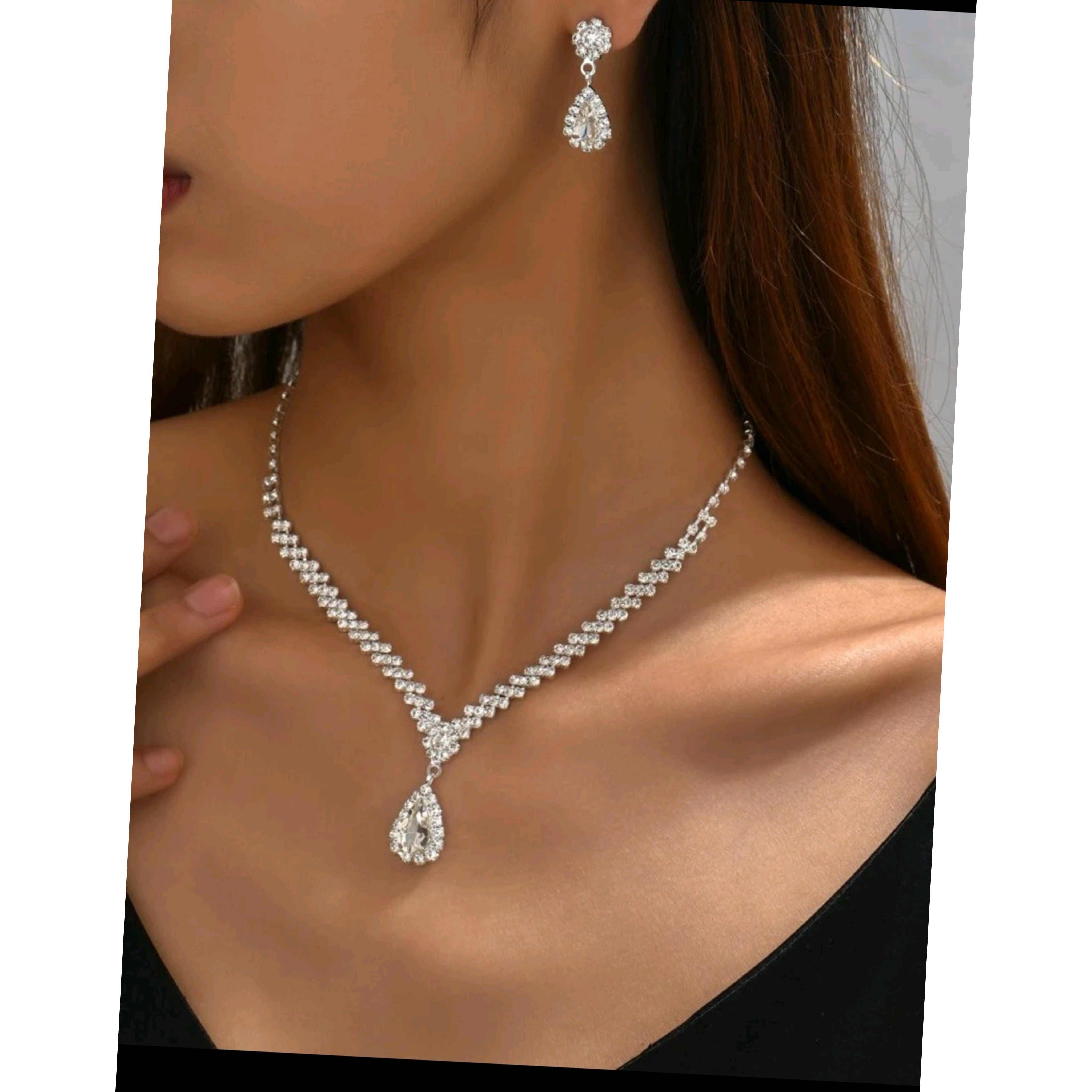 Rhinestone Water Drop Necklace and Earrings