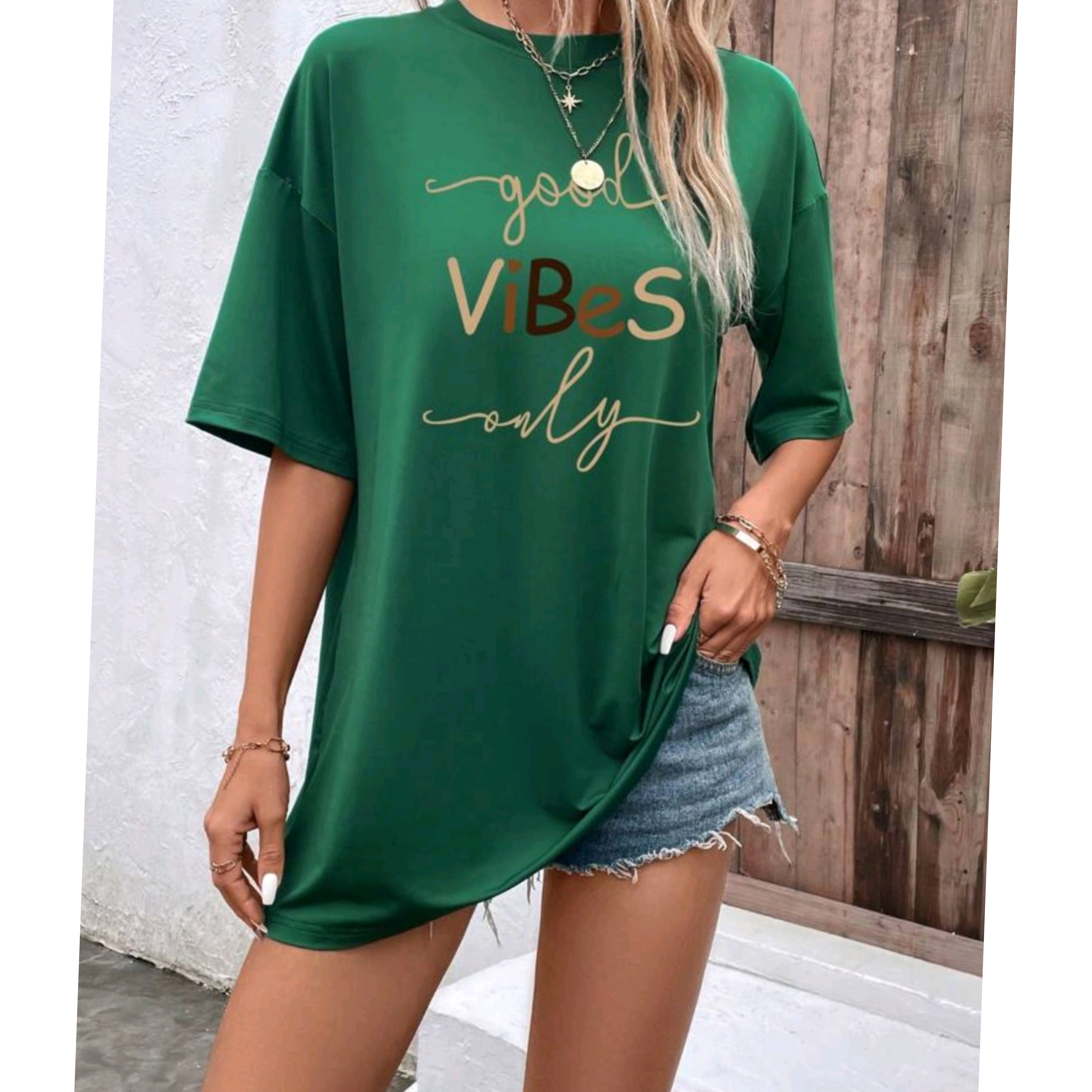 SHEIN LUNE Slogan Graphic Drop Shoulder Tee (Good Vibes Only)