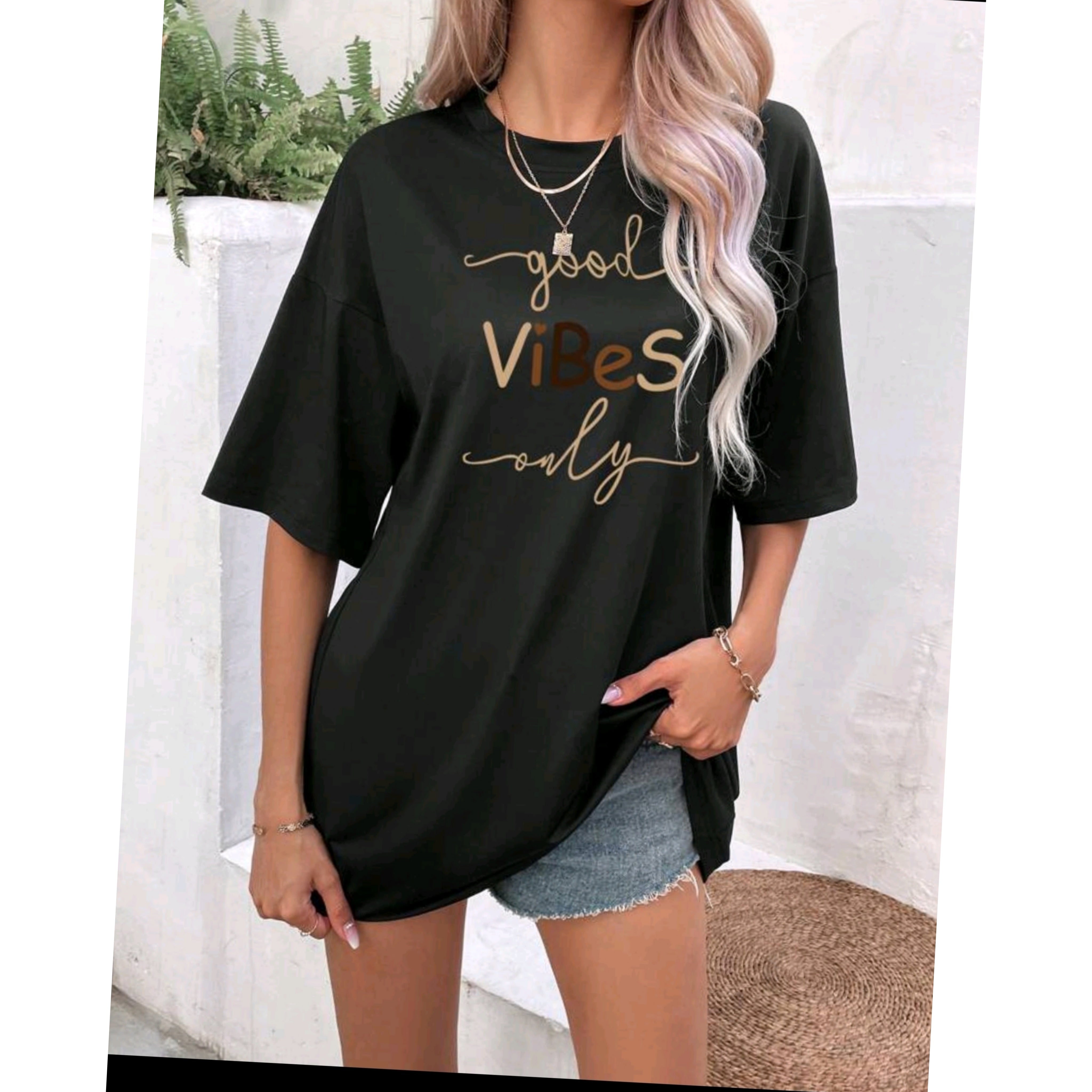 SHEIN LUNE Slogan Graphic Drop Shoulder Tee (Good Vibes Only)