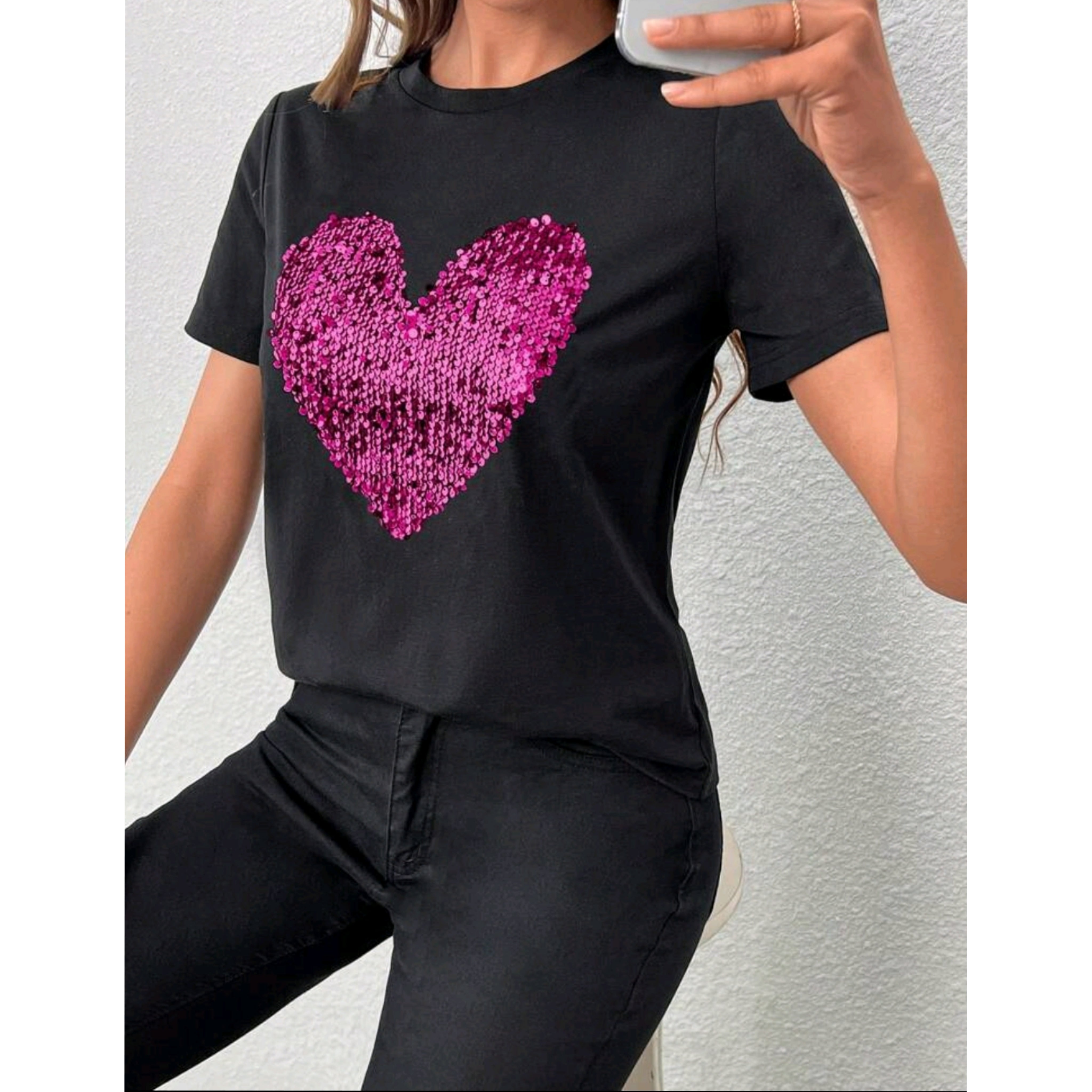 Sequin Heart Pattern Tee