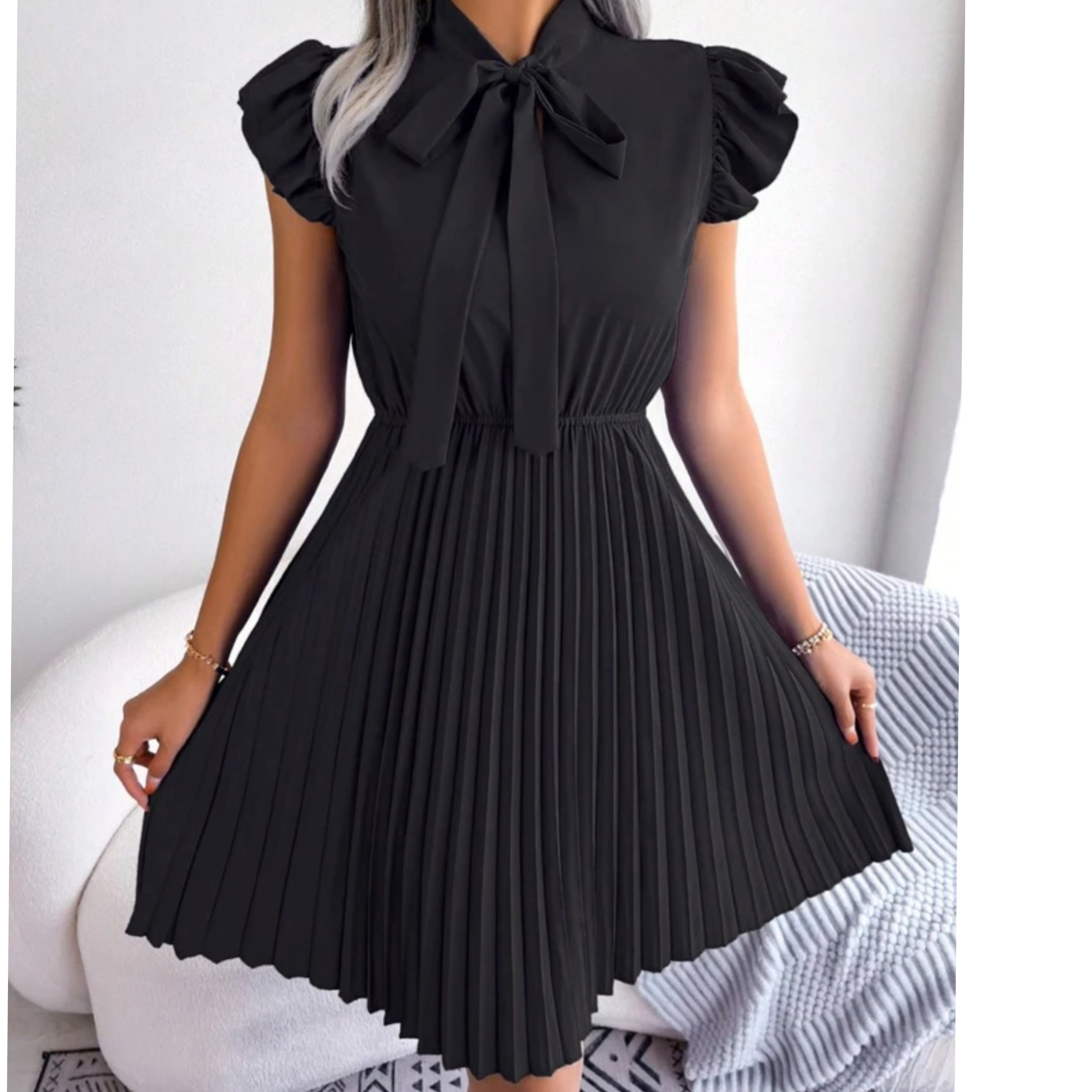 Tie Neck Ruffle Trim Pleated Hem Dress