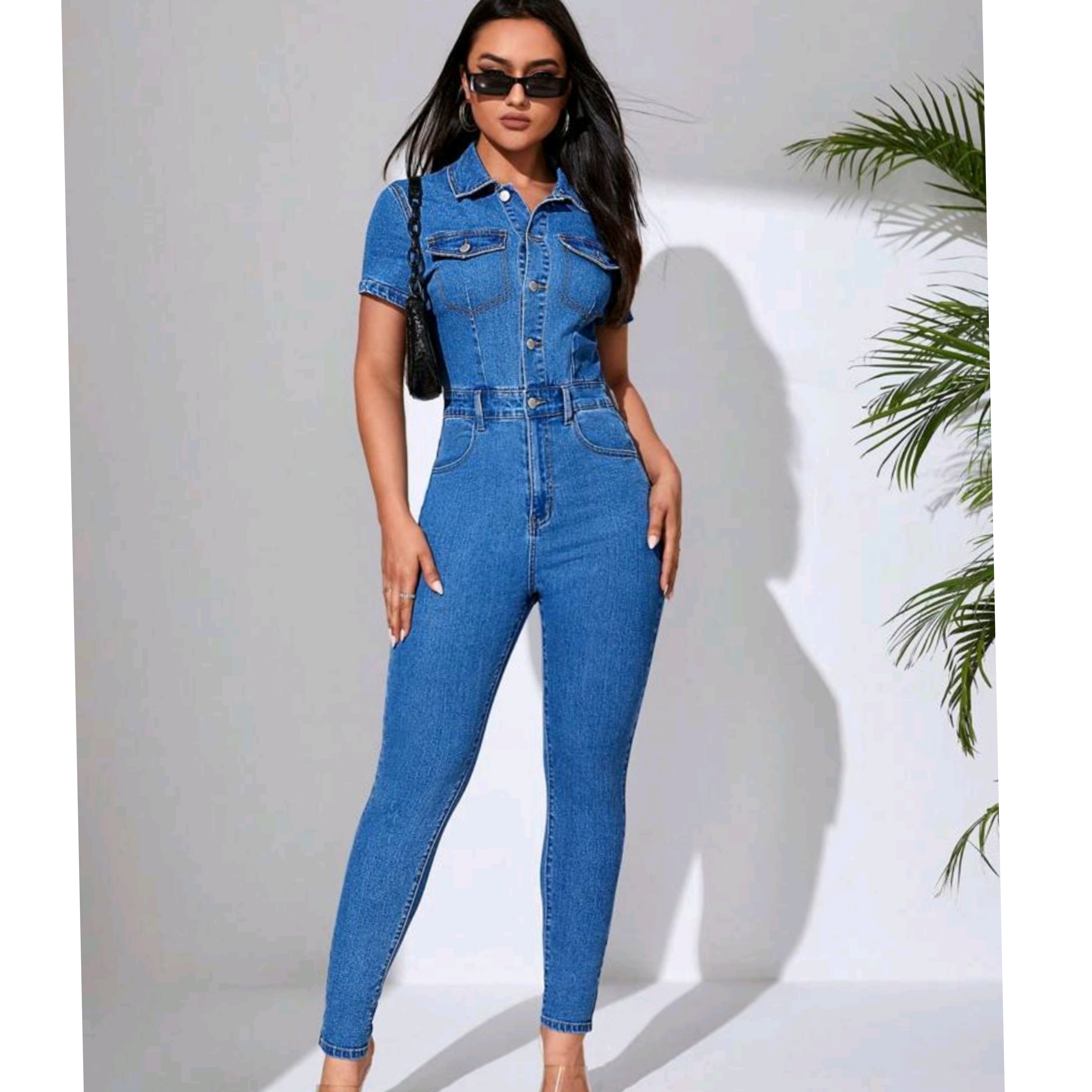 Button Front Flap Pocket Denim Jumpsuit